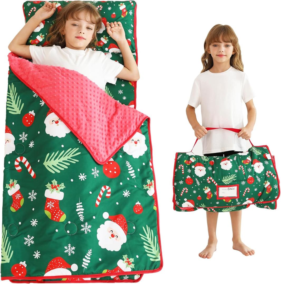 Toddler Nap Mat with Pillow and Blanket, Extra Large Rolled Napping Mats,Slumber Bags for Boys Girls,Kids Sleeping Bag for Daycare, Preschool Travel Camping (Christmas)