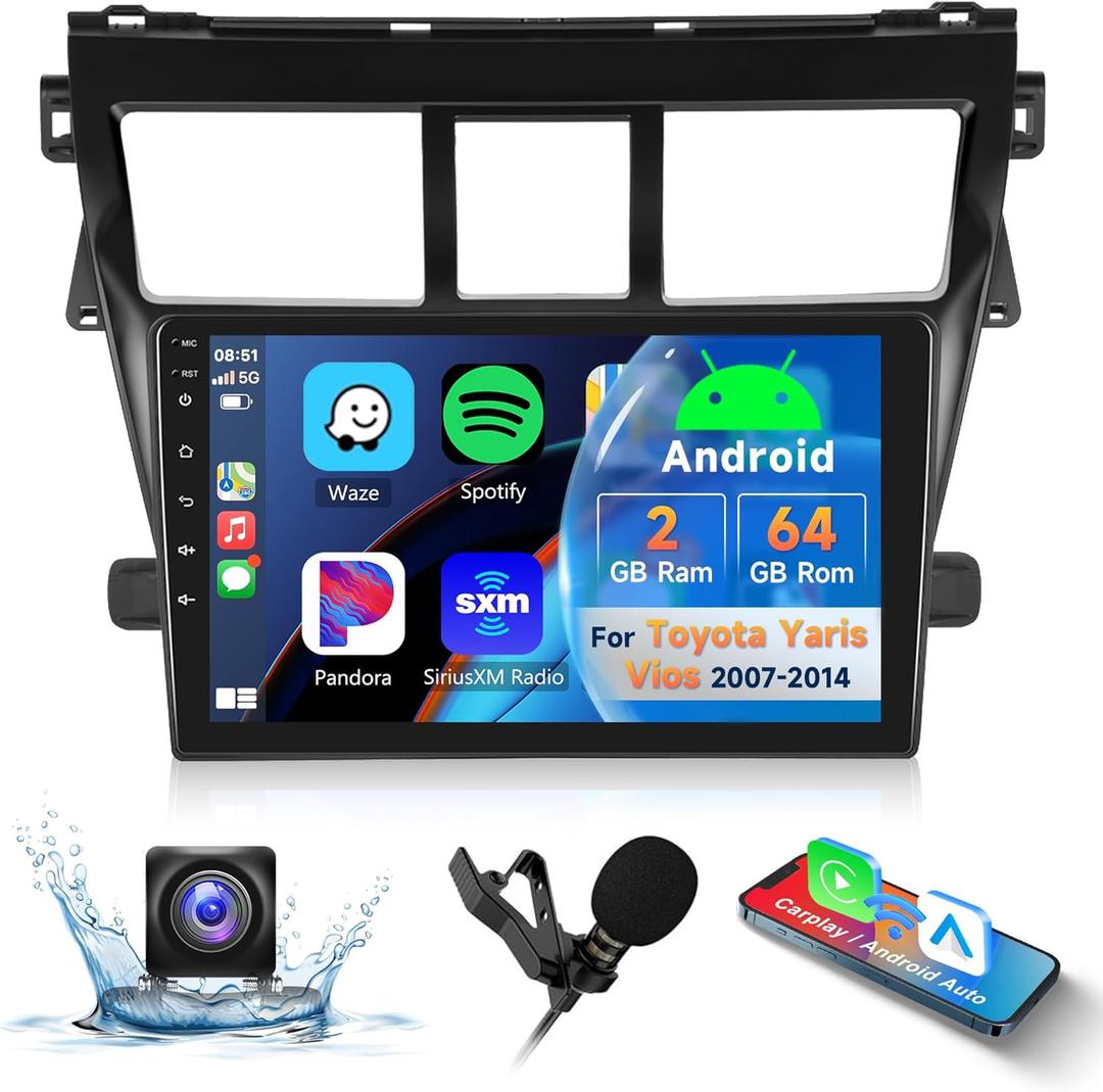 2G+64G Android Car Stereo Car Radio for Toyota Yaris Vios 2007-2014 with Wireless CarPlay Android Auto,9 Inch Touch Screen Head Unit WiFi Bluetooth GPS Navigation FM/RDS Hi-Fi Car Audio Backup Camera