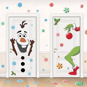 Christmas Door Stickers Decorations Large Snowman Decal with Snowflakes and Candy for Indoor Outdoor Window Refrigerator Winter Decor