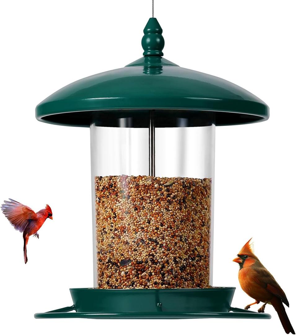 Metal Bird Feeder for Outdoors Hanging,3.0LB Seed Feeder,Easy to Fill & Clean,360 Feeding,Chew Proof Weatherproof Roof for Gardens and Wild Birds,Green