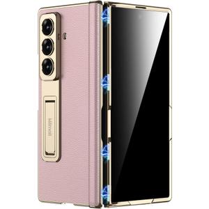 Miimall Slim Case for Samsung Z Fold 7 with Privacy Screen Protector & Kickstand & Hinge Protection, Premium Leather Women Girls Anti-Slip Grip Shockproof Phone Cover for Galaxy ZFold7 Thin Case Pink