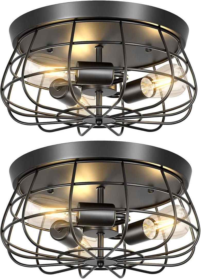 Elibbren 2 Pack Vintage Semi Flush Mount Ceiling Light, E26 Industrial Metal Cage Ceiling Light Fixture 3 Lights for Bedroom Kitchen Dining Room Living Room,UL Listed