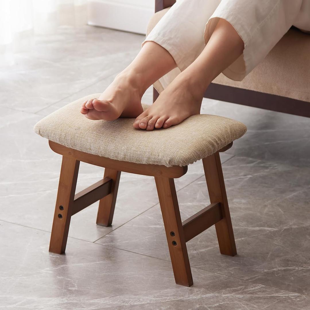 Foot Stool,Ottoman,Bamboo Small Sofa Foot Rest Under Desk,Extra Seating for Living Room, Bedroom and Kitchen(Brown Stool Legs - Beige Surface) Foot Stool,Ottoman,Bamboo Small Sofa Foot Rest Under Desk,Extra Seating for Living Room, Bedroom and Kitchen(Brown Stool Legs - Beige Surface)