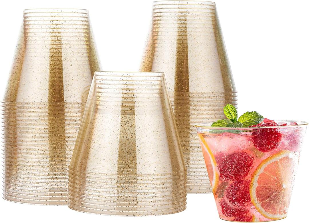 MATANA 30 Pack Silver Glitter Plastic Reusable & Disposable 9oz Cocktail Cups for Weddings, Parties & Events