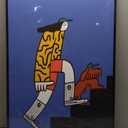 Framed Blue Funny Abstract Wall Art for Hallway, Large Fun Canvas Art for Wall, Woman Brown Dog Painting Prints for Dining Room Entryway Living Room Office Wall Decor, 24x36 Inch