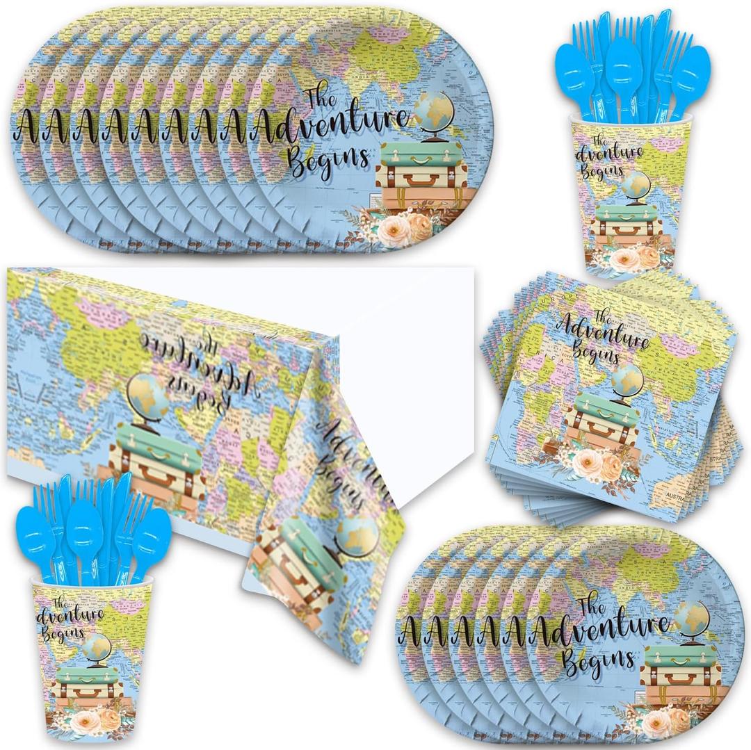 141pcs Around The World Party Decorations The Adventure Begin Birthday Party set Includes Dinner Plate Dessert Plate Paper Napkin Cup Knife Fork Spoon Tablecloth Travel Birthday Supplies set