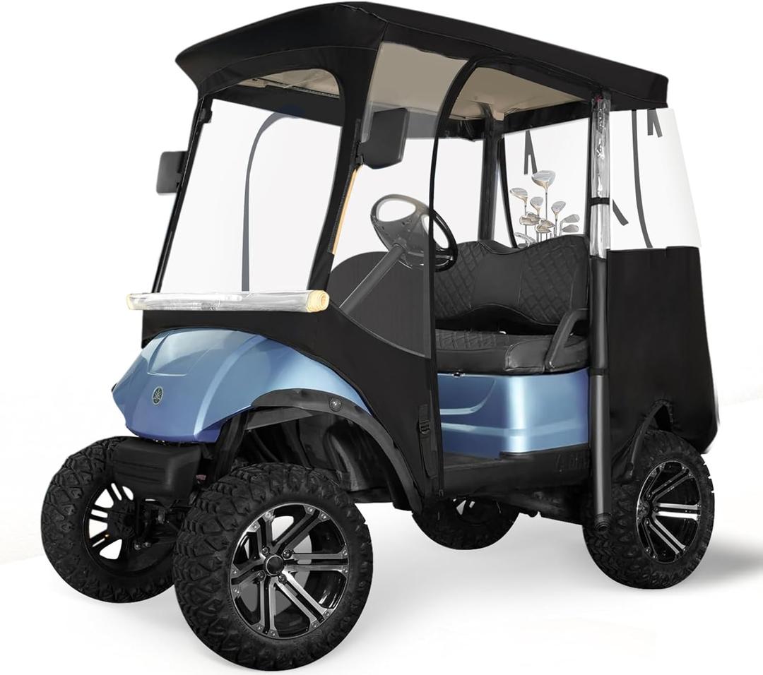 Golf Cart Enclosure 2-Passenger for EZGO TXT RXV - 600D Waterproof Snowproof Cover with Side Mirror Openings, Transparent Tail Light Panel, Detachable Windshield & 4-Sided Clear Windows (Black)