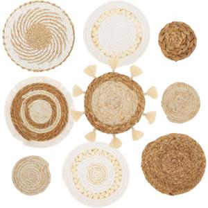 HJJWNDDNG 9 Pack Boho Wall Basket Decor Set, Hanging Woven Seagrass Rattan Wicker Boho Wall Decor, Round Farmhouse Wall Hanging Baskets Rustic Flat Wall Art for Living Room Bedroom Kitchen (Style 3)