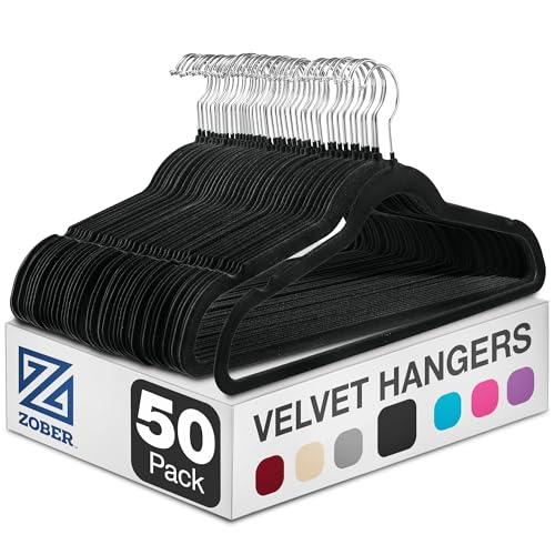 ZOBER Black Velvet Hangers 50 Pack - Clothes Hangers, Coat Hanger for Pants & Dress Clothes - Non Slip w/ 360 Degree Swivel, Holds up to 10 lbs - Strong Felt Hanger for Clothing