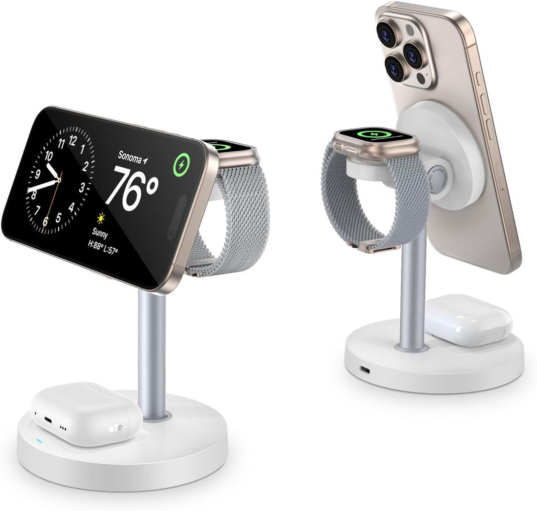 3 in 1 Wireless Charging Station for Apple Series, 15W Fast Magnetic Charger Night Stand for Bedrooms, iPhone 12-16 Series, Apple Watch, Airpods, Gifts for Men & Women-White(No AC Adapter)