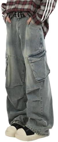 Men's Teens Y2k Baggy Cargo Jeans Washed Wide Leg Hip Hop Denim Pants Casual Loose Fit Trousers Streetwear with Pocket, XL