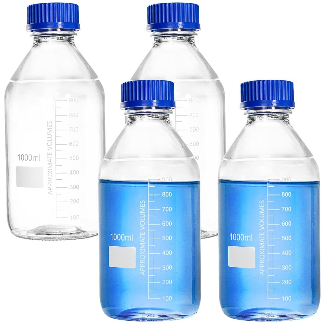 Yopay 4 Pack Glass Media Bottle 1000ml, Reusable Storage Bottles with GL45 Blue Screw Cap, Graduated Borosilicate Round Scientific Glass Container for Labs, Classrooms or Home Use