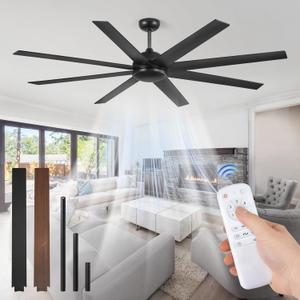 72 Inch Ceiling Fan no Light, Black Ceiling Fan with Remote, 6-Speeds, Quiet Reversible DC Motor, Industrial Ceiling Fans without Lights for Living Room, Garage, Patio, Indoor/Outdoor Use, Black, 72 Inch