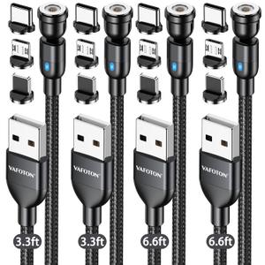 VAFOTON Magnetic Charging Cable, 4-Pack(Black, 3.3/3.3/6.6/6.6FT) Magnetic Type C Phone Charger Cable for Android, Magnet USB C Cords-Nylon Braided Suitable for Type C/Micro USB/i-Product