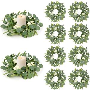 8 Pcs Green Artificial Eucalyptus Candle Rings Wreaths Mini Green Kitchen Cabinet Wreath Table Centerpieces Spring Summer with White Berry for Pillars Farmhouse Porch Front Door Wedding Decor