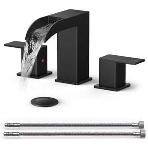 QFN Matte Black Bathroom Sink Faucet 3 Hole, 8 Inch Widespread Square Bathroom Faucet with Metal Pop-up Drain and 24" CUPC Supply Line, Lead-Free 2 Handles for Vanity, Restroom, Lavatory and Mall