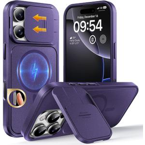 TOCOL for iPhone 16 Pro Max Case with Slide Camera Cover, Kickstand and Camera Control Button, Fit for MagSafe, Rugged Solid Phone Case, Non-Slip, Drop Protection, Midnight Purple