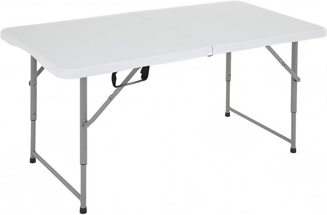 FDW 4FT Folding Table, Portable Fold-in-Half Plastic Picnic Party Table with Carrying Handle (White, 4FT), 48"x24"