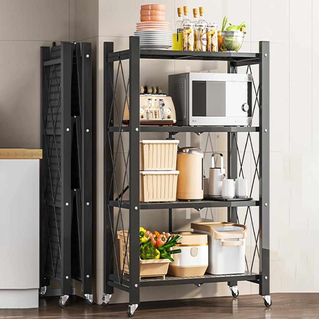JOYBOS 4-Shelf Foldable Storage Shelves with Wheels, Heavy Duty Metal Shelving, No Assembly Organizer Wire Shelf Rack for Garage Kitchen, Basement, Pantry, Holds up to 1000 pounds