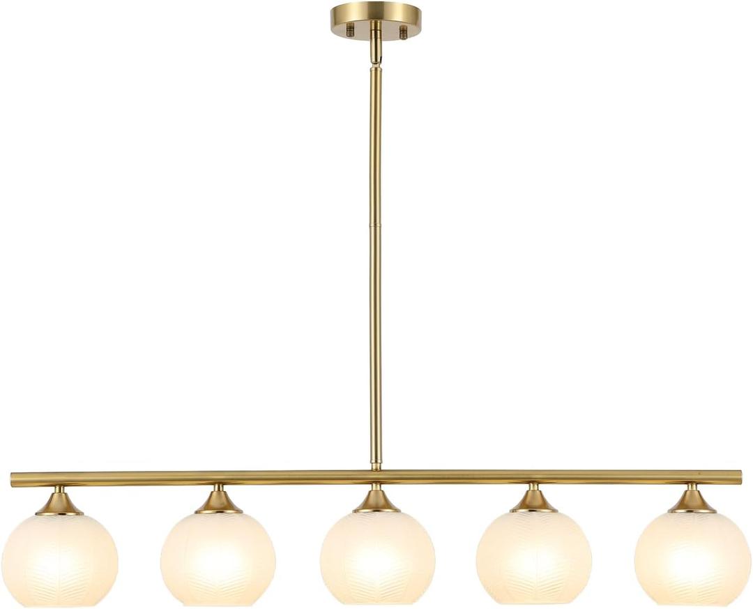 BYOLIIMA Modern Brushed Brass Linear Chandelier Over Table Frosted Striped Glass Shade Gold Mid Century Sputnik Globe Pendant Light Farmhouse Ceiling Hanging Light Fixture Dining Room Kitchen Island