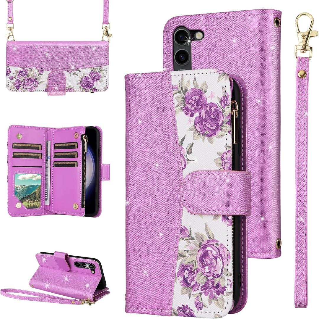 for Samsung Galaxy S23 5G Floral Wallet Case with Flip Zipper Purse Wrist Strap Shoulder Strap, Glitter PU Leather Card Holder Stand Phone Cover for S 23 23S GS23 G5 SM-S911U 6.1 inch Purple