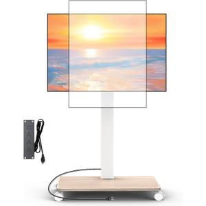 Rolling TV Stand with Power Outlet, Swivel Mobile Portable TV Cart for 32-75 Inch TVs up to 110 lbs, Landscape to Portrait, Height Adjustable Outdoor TV Stand with Wheels, Max VESA 600x400mm (White)