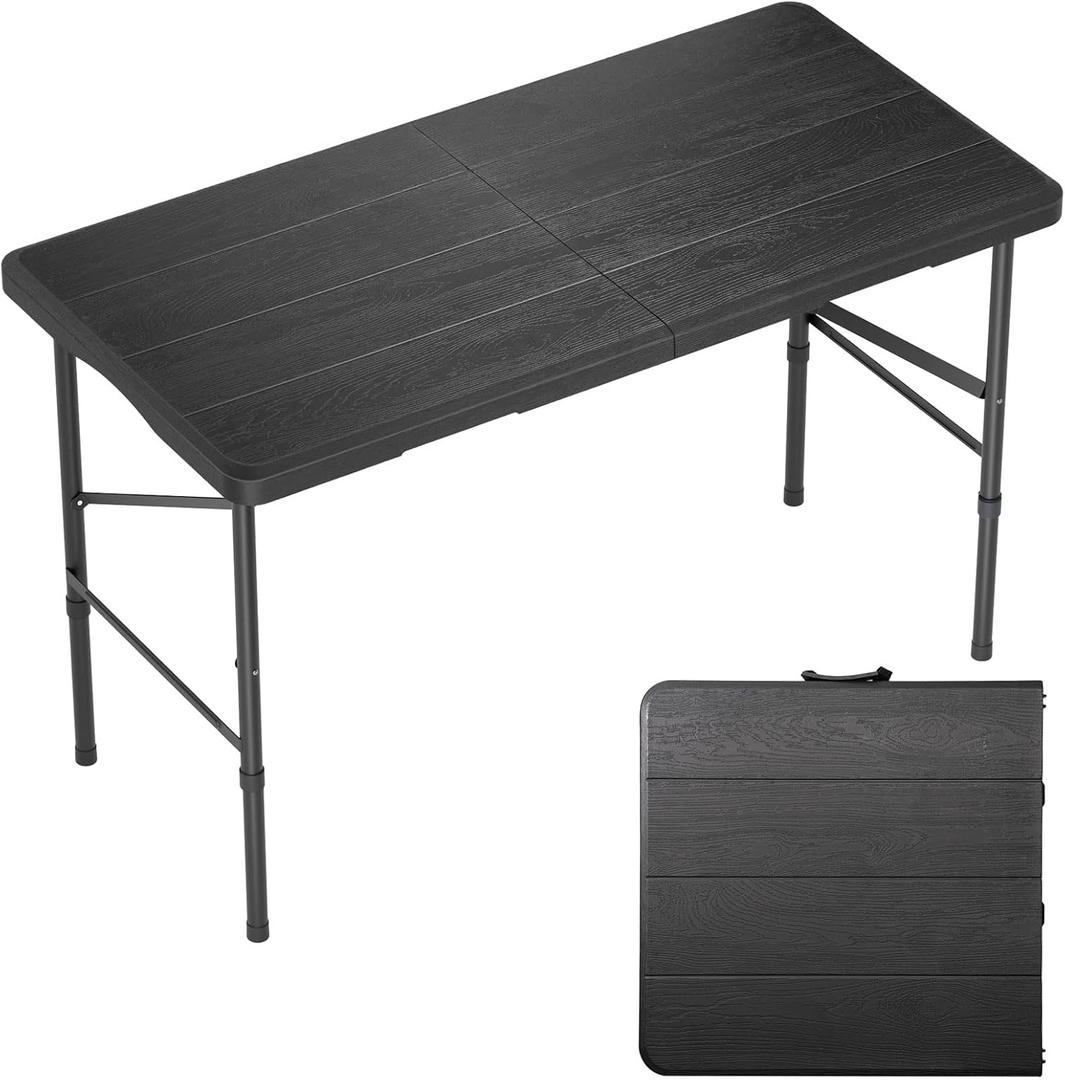 4 Ft Plastic Folding Table,Heavy Duty Portable Table for Indoor & Outdoor,Wood Grain Desktop & 350lbs Weight Capacity,Premium Solutions for Camping,Picnic,BBQ and Party, 4 Ft - Black