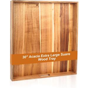 30'' Extra Large Square Wood Tray - Acacia Wood Ottoman Tray with Handles, Rustic Serving Tray for Living Room, Kitchen and Coffee Table, Wooden Trays for Ottoman,Ottoman Table Topper