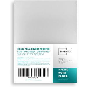 Binditek 50 Pack 20 Mil Frosted Polycover, Semi-Transparent Binding Covers, 8-1/2 x 11 Inches, Lightly Textured Sand Finish, Square Corners, Unpunched