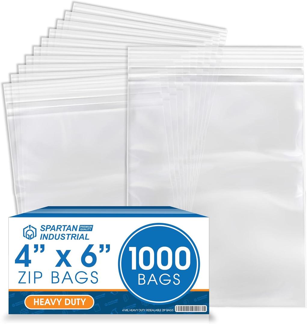 Spartan Industrial - 4” X 6” (1000 Count) 4 Mil Thick Clear Reclosable Zip Plastic Poly Bags with Resealable Lock Seal Zipper - Heavy Duty and Durable
