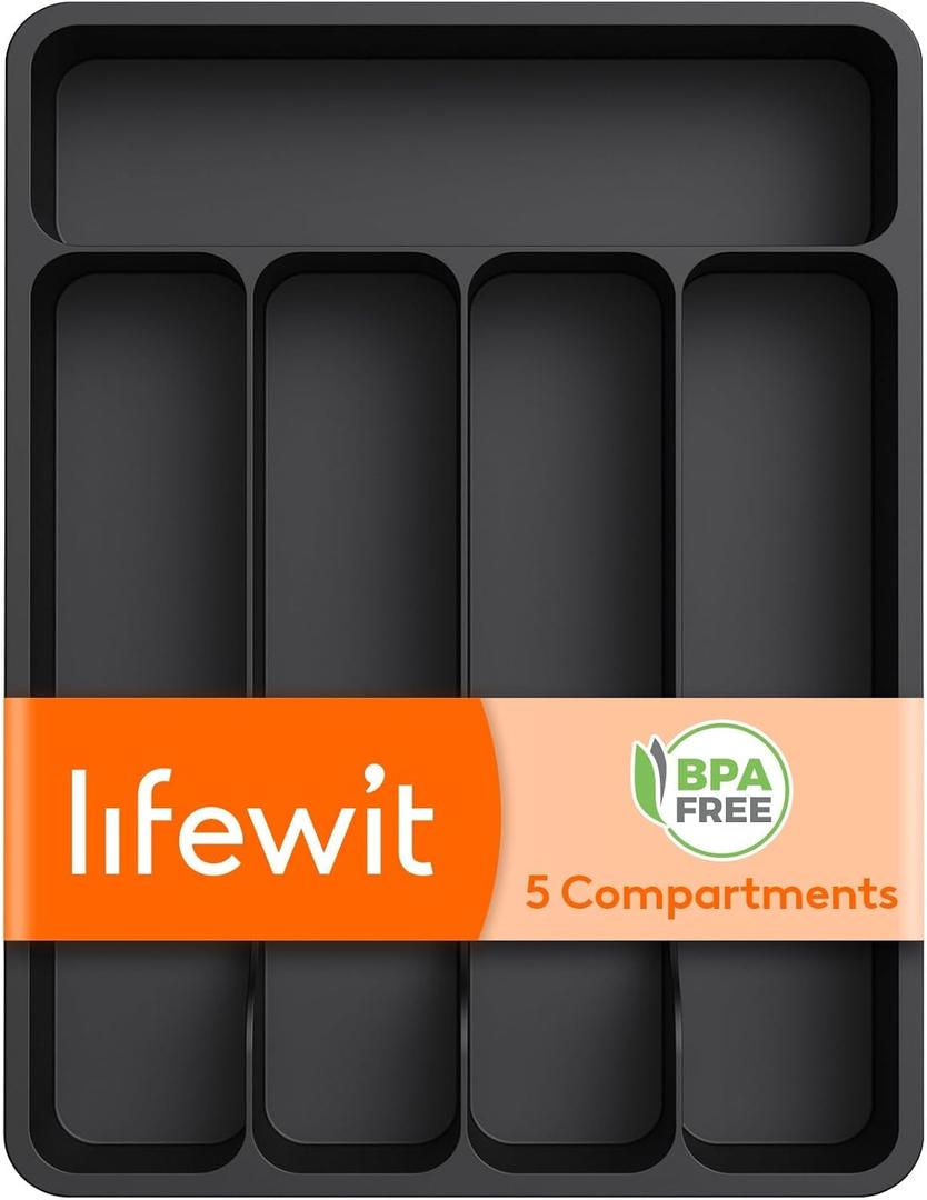 Lifewit Silverware Drawer Organizer Tray, Plastic Cutlery Storage for Kitchen, Flatware and Utensil Holder Divider for Spoons Forks Knives Tableware, 9.1 x 12.6", 5 Slots, Black