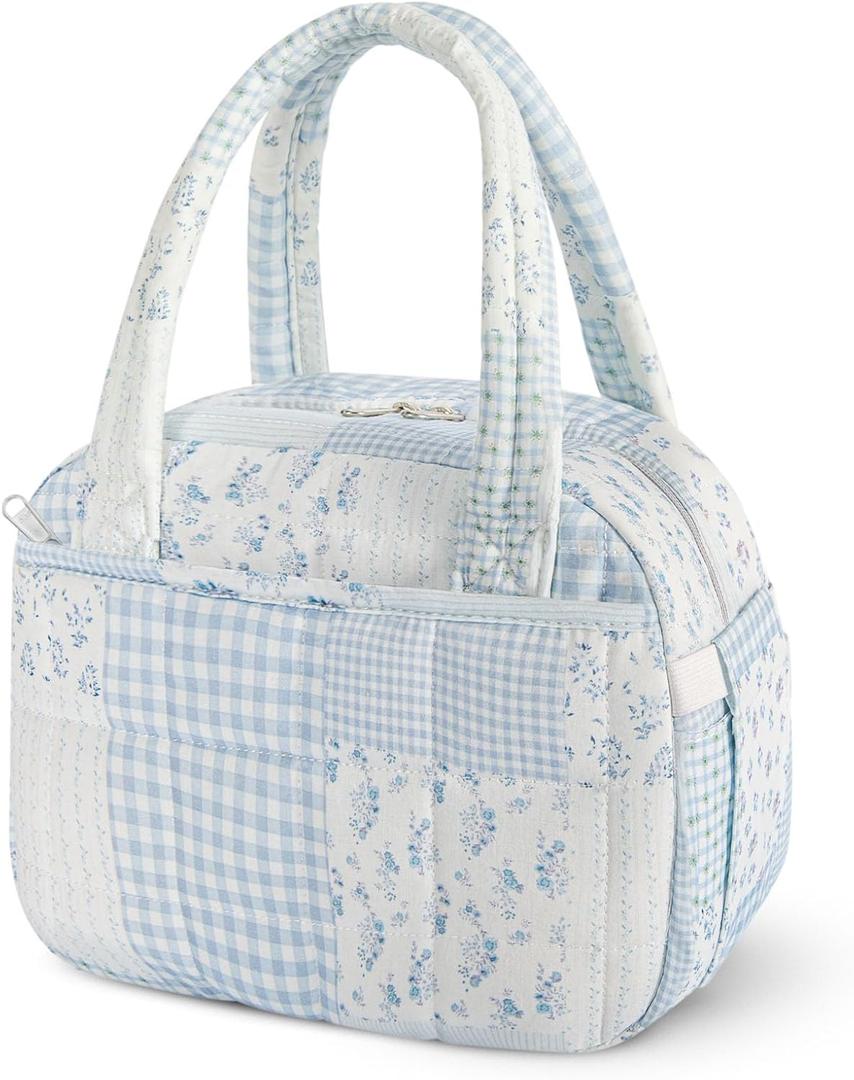 Quilted Lunch Box for Women, Lightweight Insulated Lunch Bag, Cute Patchwork Lunch Tote for Work, Gym, Picnic,Travel, Office (Green Blue Pin, M)
