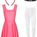 Ramede 4 Pcs Halloween Women's Costume Outfits Pink Sleeveless Dress Red Bow Headband Waist Belt Pantyhose Tights, M