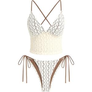 ZAFUL Women's Spaghetti Strap Tankini Swimsuits V Neck Tummy Control Tie Side Thong Bikini Swimsuits 2 Piece Bathing Suits (Brown, M)