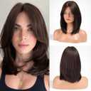 Dark Brown Wigs for Women Brown Wig with Curtain Bangs Shoulder Length Natural Synthetic Wig for Daily Use