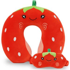 Kids Neck Pillow for Travel with Sleep Eye Mask, Cute Travel Neck Pillow, Memory Foam Flight Sleeping Headrest Pillow for Boys & Girls, Airplane, Train, Car, Home Use - Red Strawberry