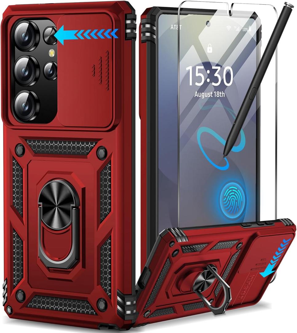 Taisairu for Samsung Galaxy S25 Ultra Case with Screen Protector & Slide Camera Lens Cover, Built-in Magnetic Ring Stand Shockproof Protective Phone Case for Samsung S25 Ultra Case (Red)