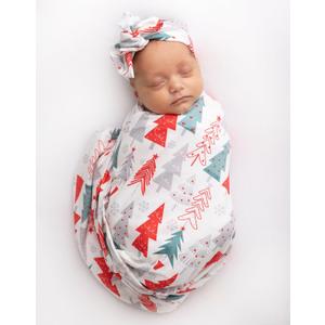 Newborn Baby Girl Receiving Blanket Swaddle Blanket Stretchy Knit Swaddle Set with Matching Headband and Beanie (Red Tree Christmas)