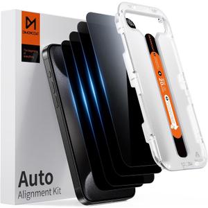DIMONCOAT 4-PACK Privacy Screen Protector Compatible with iPhone 15 Pro [Auto Alignment Kit] [10X Military Protection] 15 Pro 6.1 inch Tempered Glass Film [Case Friendly] (iPhone 15 Pro-6.1 Inch)