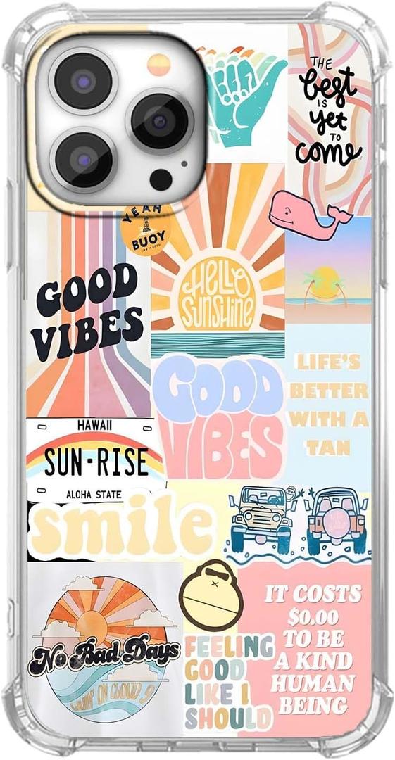 Case for iPhone 13 Pro Max with Aesthetic Design,Good Vibes Positive Quote Collage Pattern for Men Women,Clear Slim Soft TPU Bumper Case,6.7(Good,13pm)