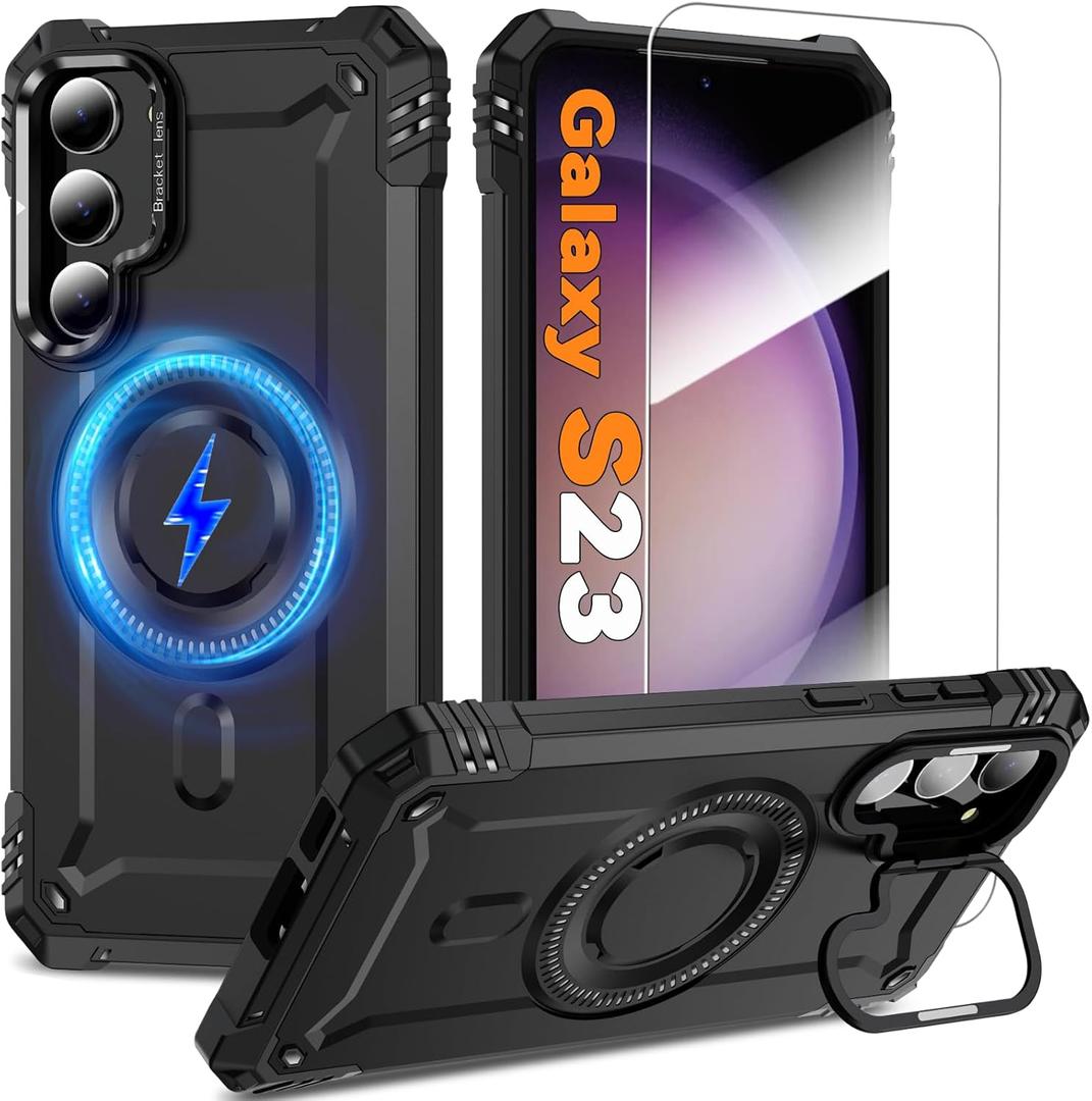 For Samsung Galaxy S23 5G Magnetic Case [Built-in Camera Ring Stand] [Compatible with MagSafe] [Screen Protector] [Wireless Charging] [Military-Grade Protection] Heavy Duty Rugged Case for S23, Black