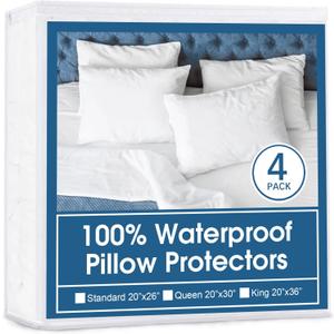 4 Pack Pillow Protectors with Zipper King Size, Waterproof, White | 4-Pack: 100% Waterproof, Noiseless Fabric, Breathable & Soft, Secure Zipper, Machine Washable, Fits Standard 20"x26" Pillows