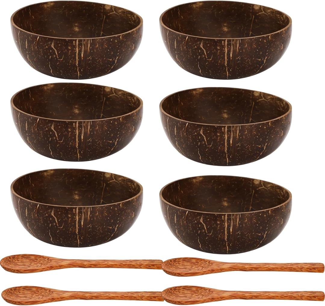 ZENFUN 6 Pack Coconut Bowl with 4 Wooden Spoon, 15 Oz Polished Coconut Bowls, Natural Coconut Shell Bowl Set for Vegan Organic Salad, Smoothie or Buddha Bowls, Kitchen Storage