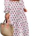 LOLONG Women's Casual Button Front Midi Dresses Spring 2025 Puff Long Sleeve Printed Ruffle Hem Boho Flowy Dress