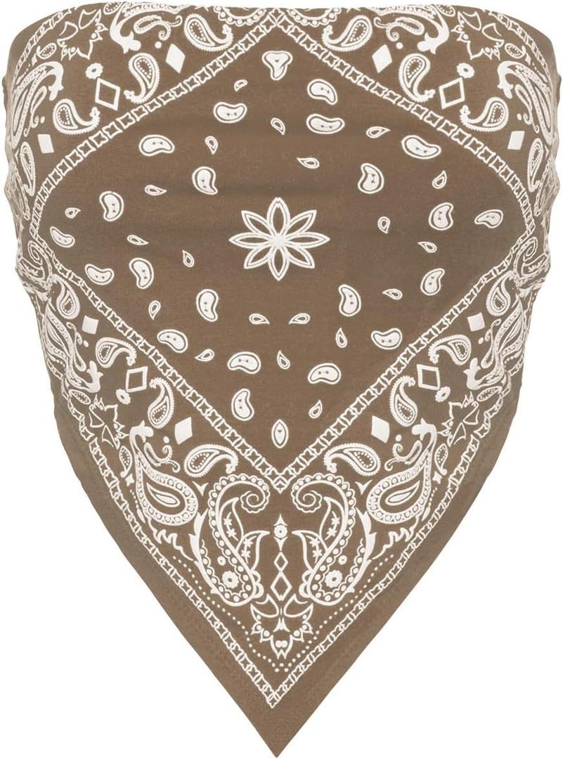Design by Olivia Women's Sexy Paisley Print/Solid Bandana Tube Crop Top Shirt- Made in USA (Warm Mocha), S