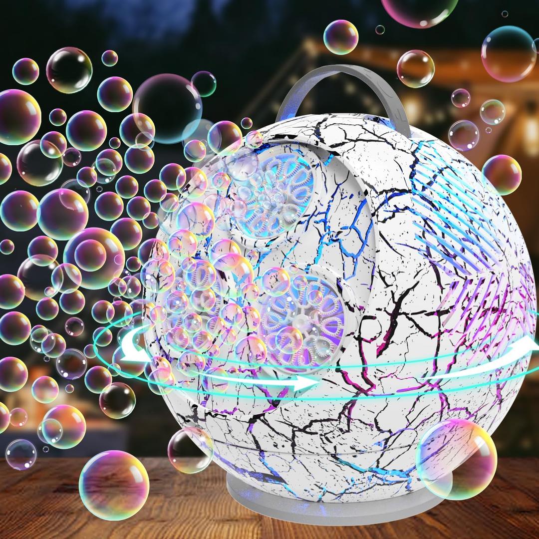 Bubble Machine for Kids Toddlers,45/360 Rotatable Spherical Bubble Maker Toy with LED Light,Rechargeable Bubble Blower for 3 4 5 Year Old,Wedding Party Easter Birthday Gifts -Spherical White Crack