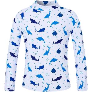 UNIFACO UPF 50+ Little Boys Long Sleeve Rash Guard Swim Shirt Premium Sun Shirt for 9-10 Yrs Old, A-white Blue Ocean Creatures