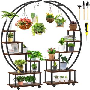 homegroove 2 pcs 6 Tier Tall Metal Plant Stand Indoor, Half Moon Shape Large Plant Shelf with Detachable Wheels, Curved Ladder Flower Pot Stand Rack for Home Patio Lawn Garden Balcony Round-Brown