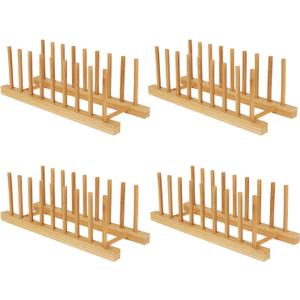 Bamboo Dish Drying Rack Kitchen Cabinet Organizer, Plate Pot Lid Organizer, Wooden Drying Rack Stand Drainer for Dish, Pots, Lids, Bowls, Cups, and Cutting Boards and Books (4PCS)