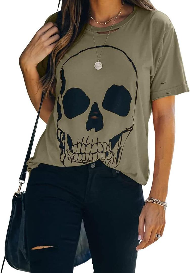 Veatzaer Womens Short Sleeve Crewneck Skull Print Distressed T Shirt Casual Loose Tee Summer Tops Green S